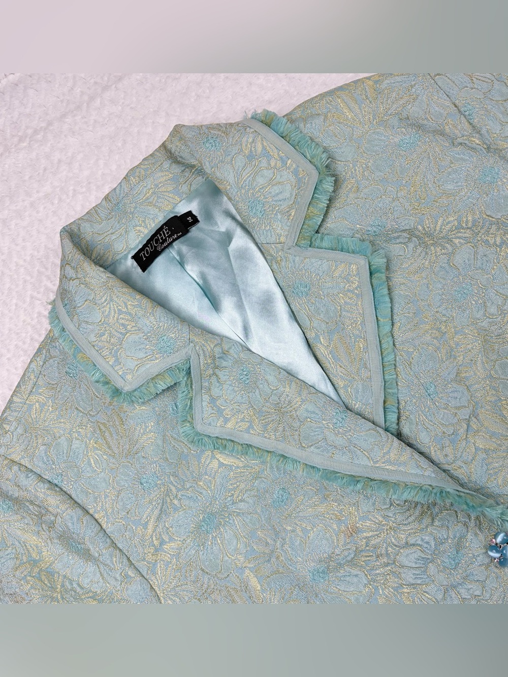 Touche Couture Green Floral Jacquard Blazer Crop Fringed Jacket Women's Size 14